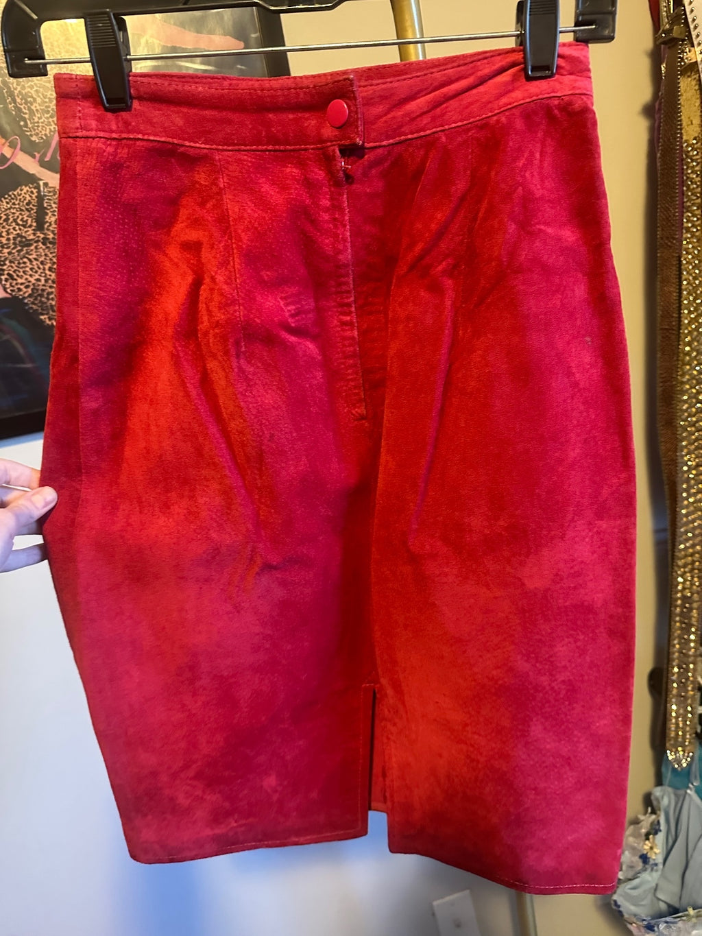 Chia Red Leather Two-Piece Cropped Jacket & Mini Skirt Set
