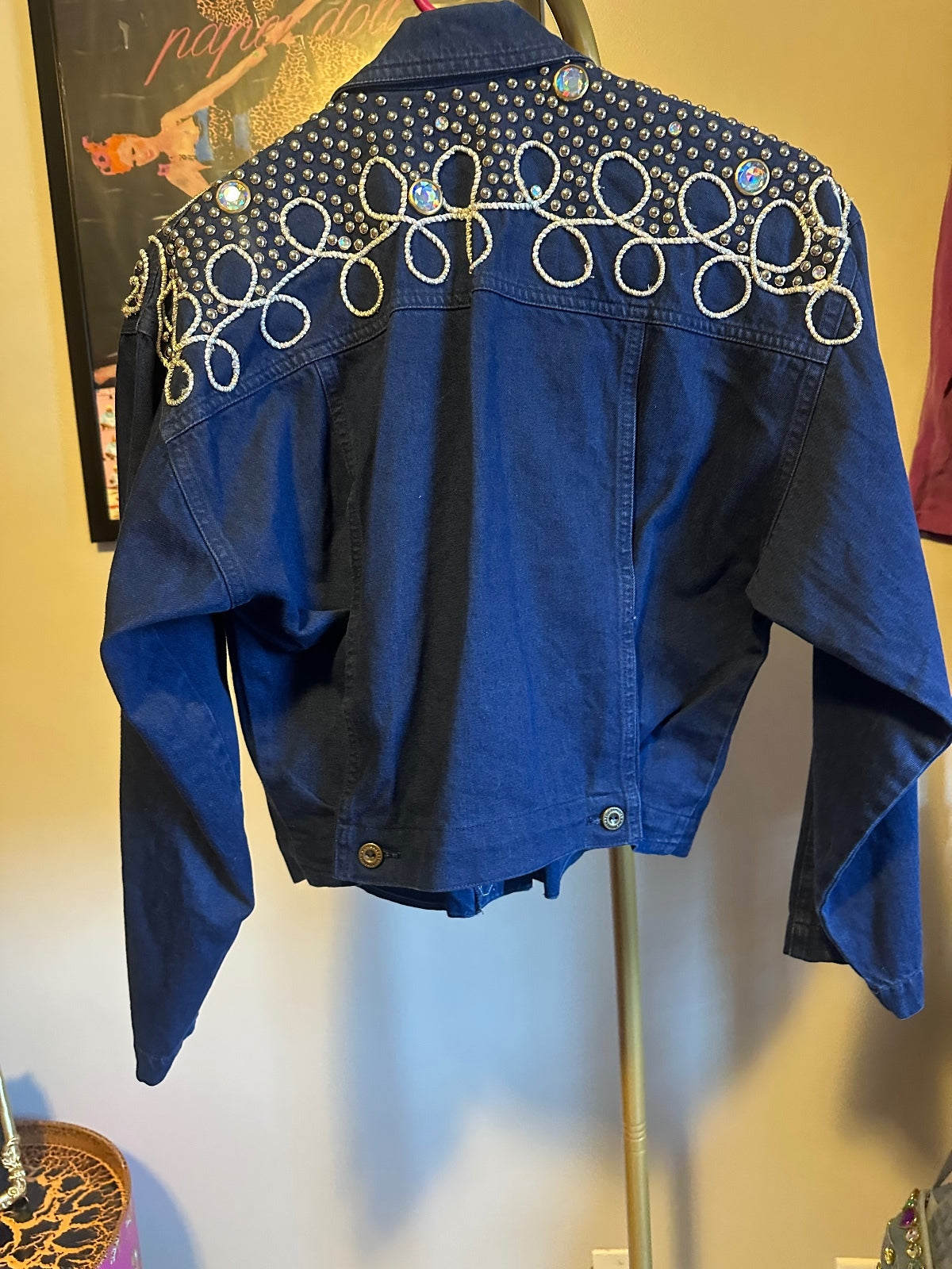 Vintage Cache Denim Rhinestone & Embroidered Cropped Jacket