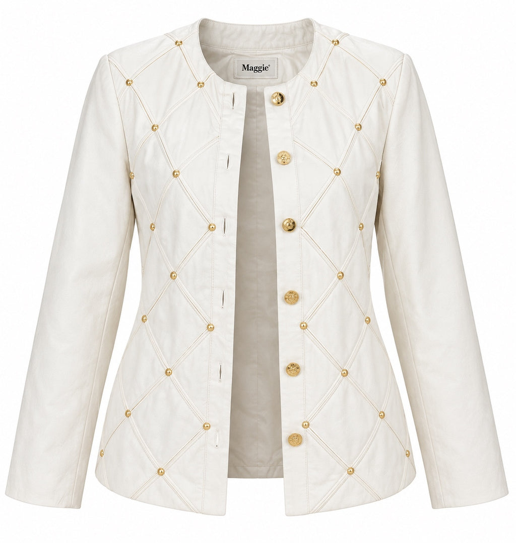 Ivory Leather & Gold Studded Jacket