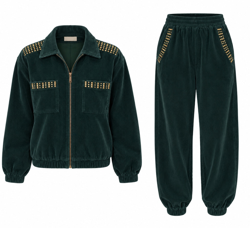 Vintage Dark Green Studded Jacket & Pants Set
