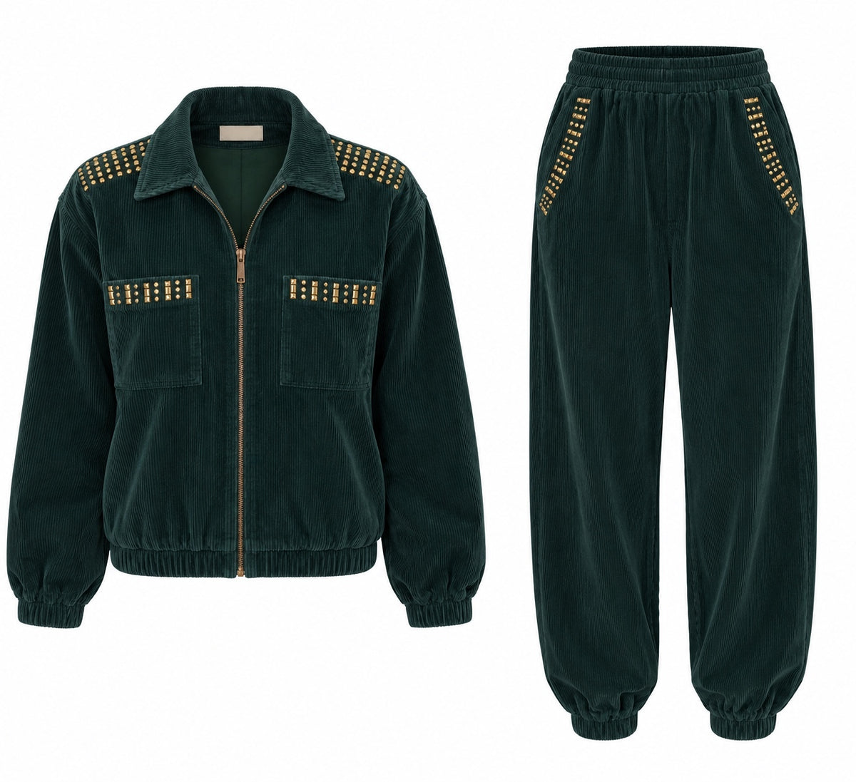 Vintage Dark Green Studded Jacket & Pants Set