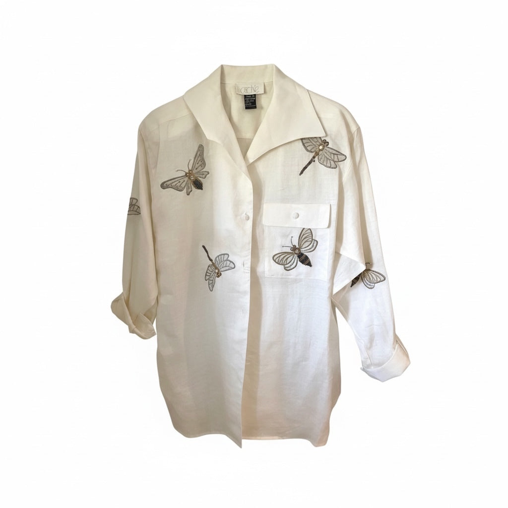 Vintage Cache Ivory Embroidered Dragonfly & Butterfly Shirt Jacket