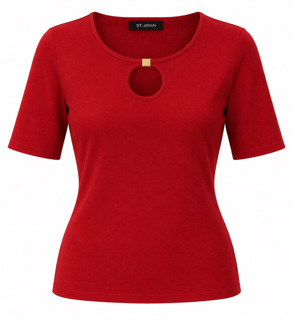 St. John Red Keyhole Knit Top