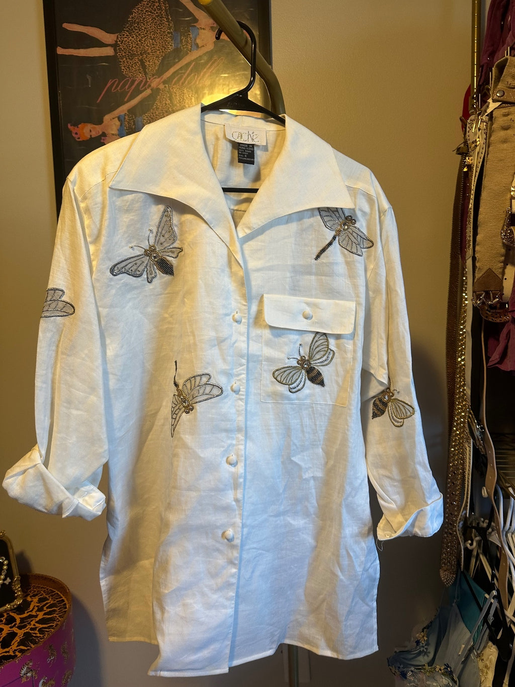 Vintage Cache Ivory Embroidered Dragonfly & Butterfly Shirt Jacket
