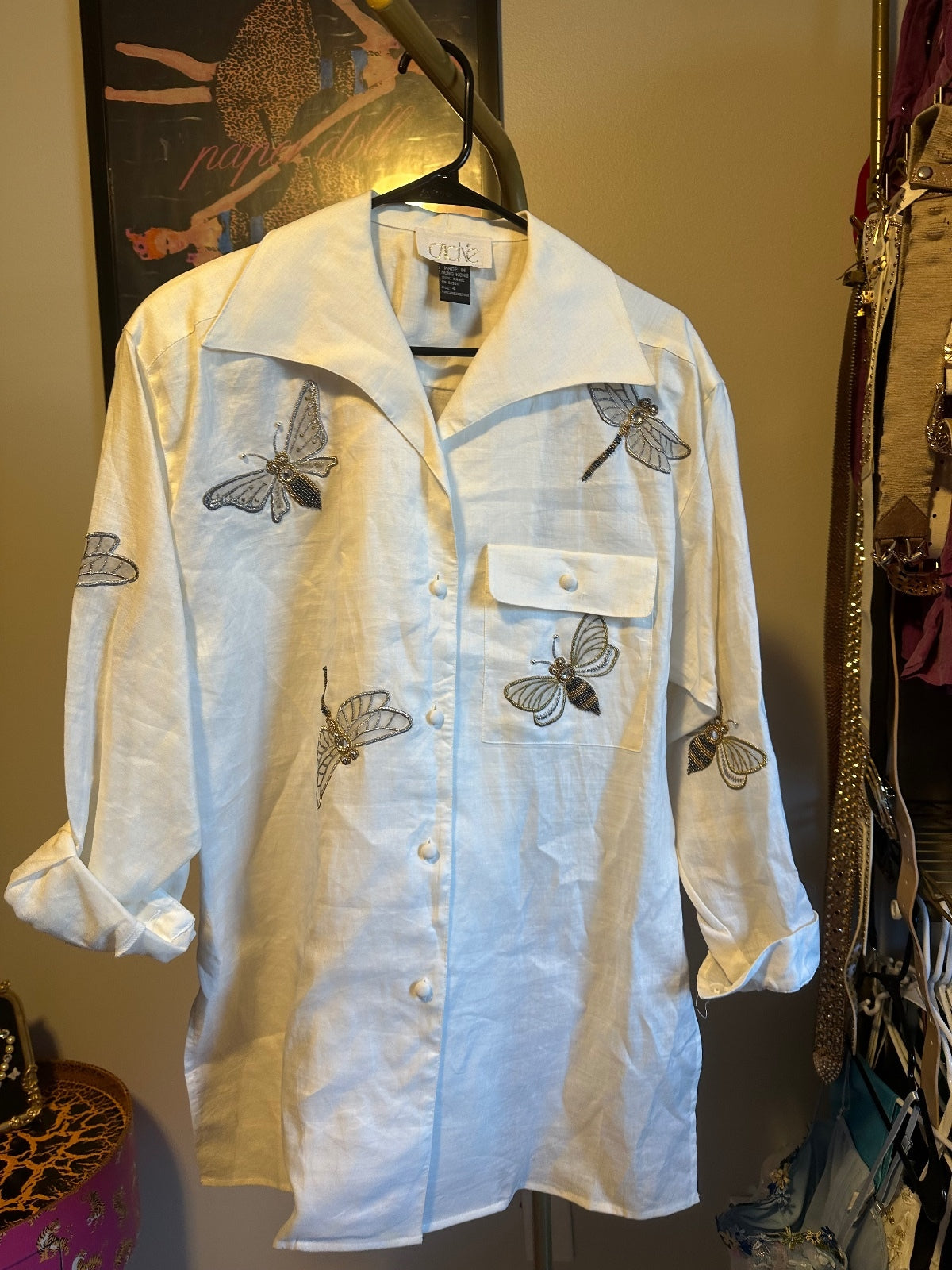 Vintage Cache Ivory Embroidered Dragonfly & Butterfly Shirt Jacket