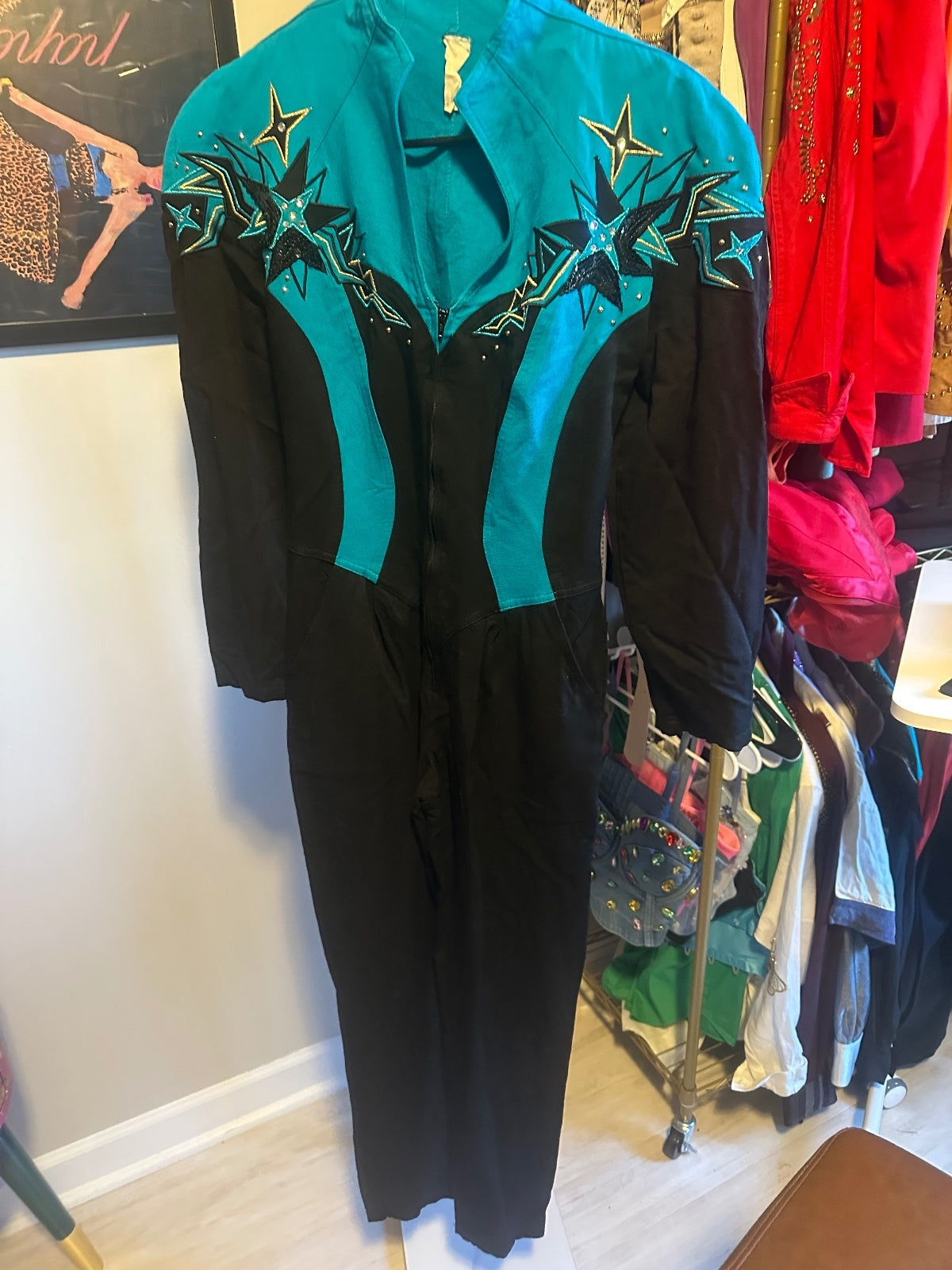 Vintage IIF Black & Turquoise Embellished Jumpsuit