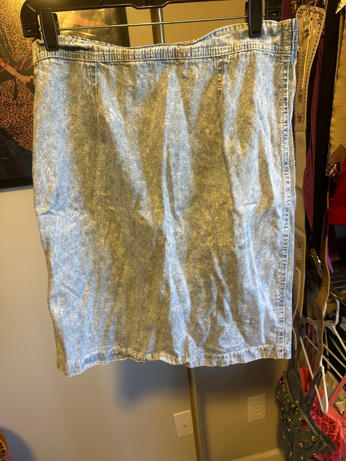 Vintage Cache Light Wash Denim Military Skirt Suit