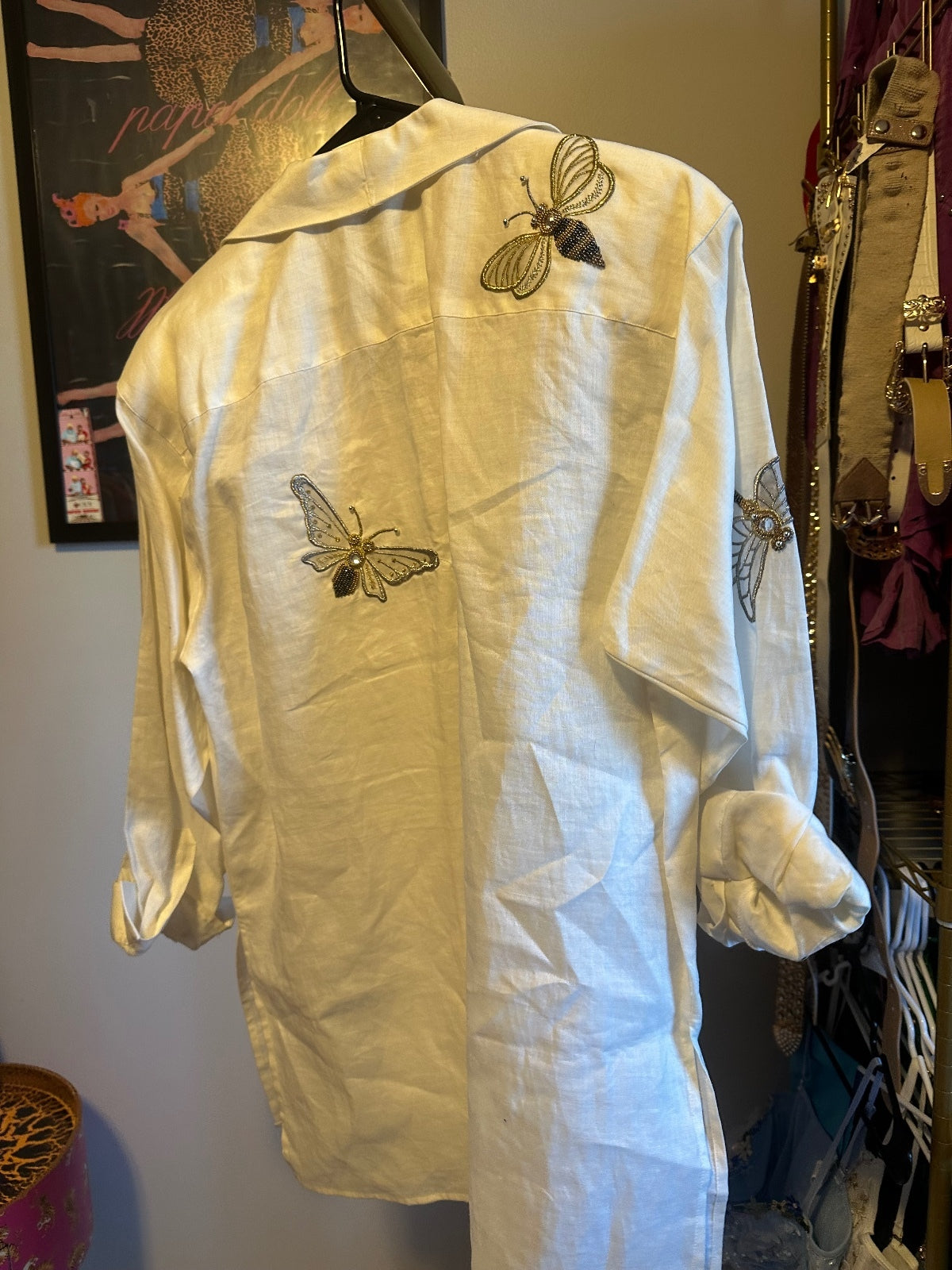 Vintage Cache Ivory Embroidered Dragonfly & Butterfly Shirt Jacket