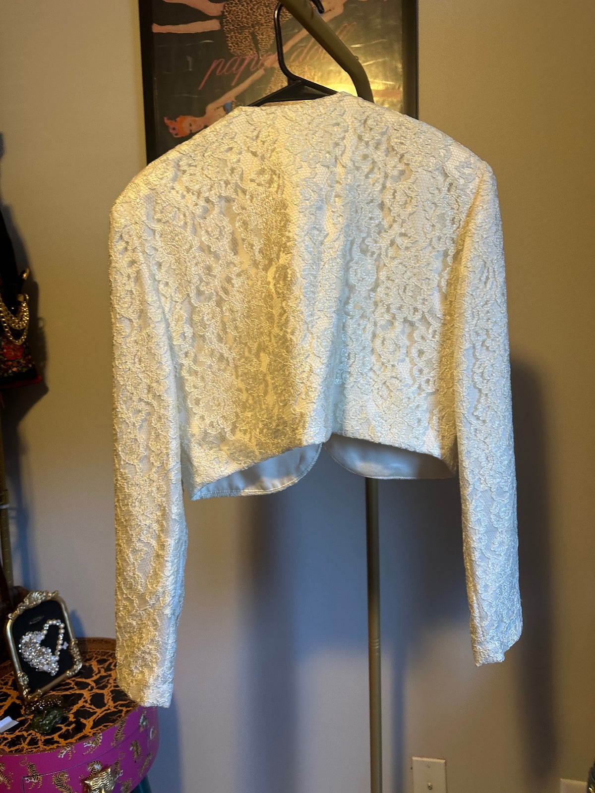 Vintage Karen Okada For David Howard Ivory Embellished Lace Bolero Jacket