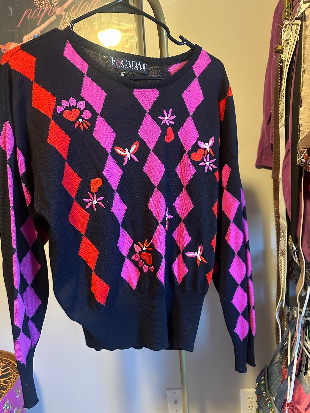 Vintage Escada Pink & Red Argyle Embellished Sweater 38