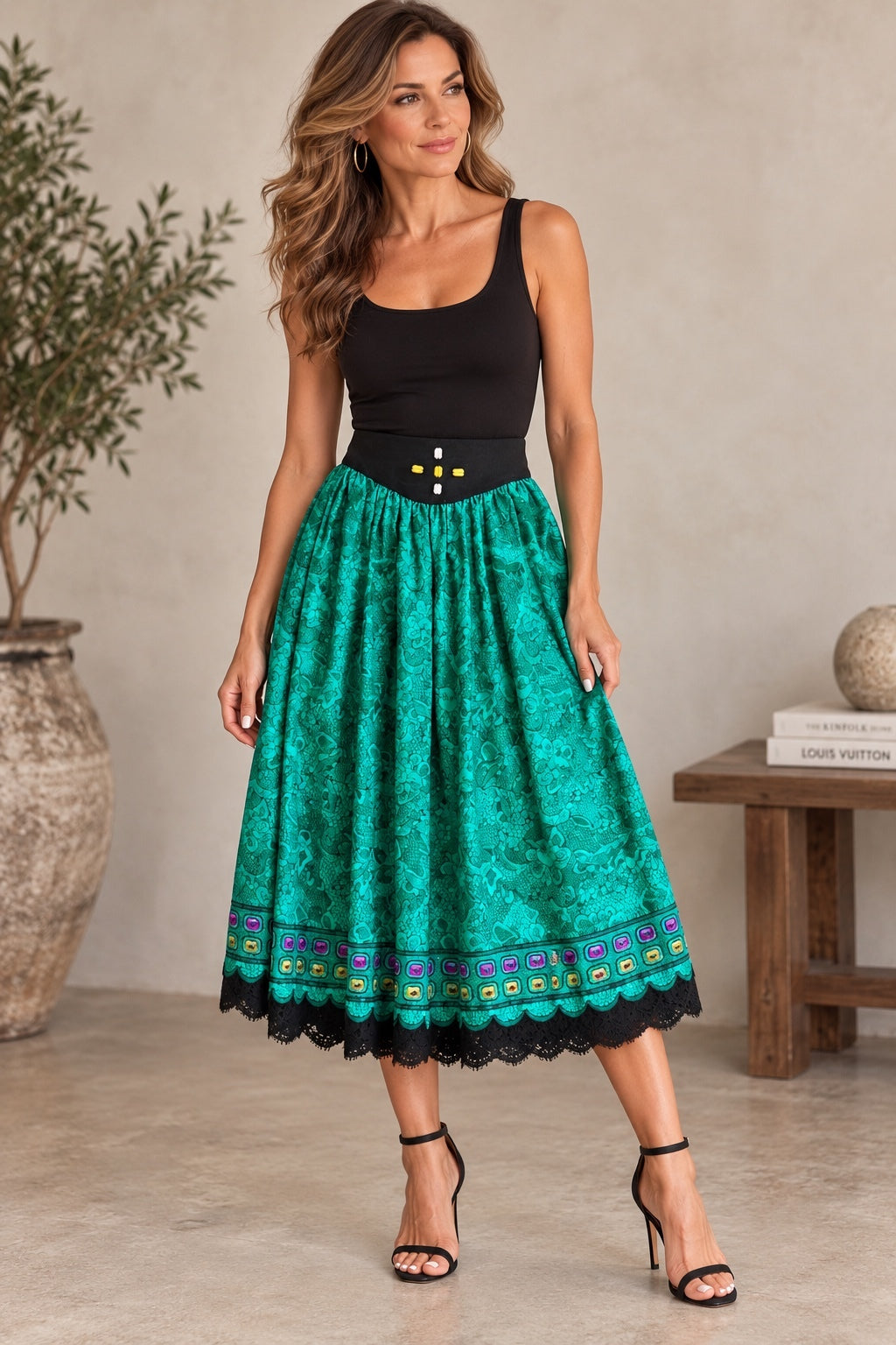 Vintage Oscar de la Renta 100% Silk Turquoise Midi Skirt