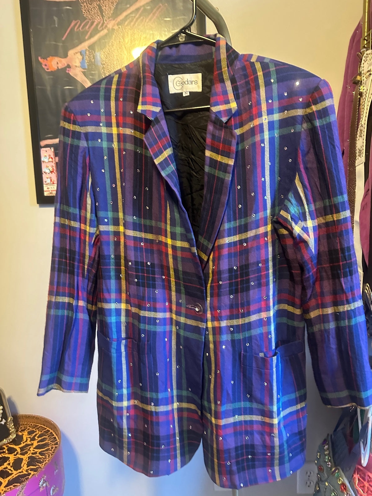 Cedars Rhinestone Embellished Navy Tartan Plaid Blazer