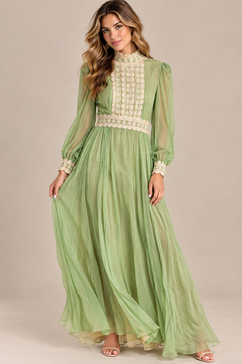 Vintage 1970s Sage Green Lace Maxi Dress