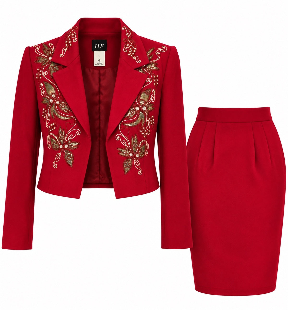 Vintage IIF Red Embellished Blazer & Pencil Skirt Set