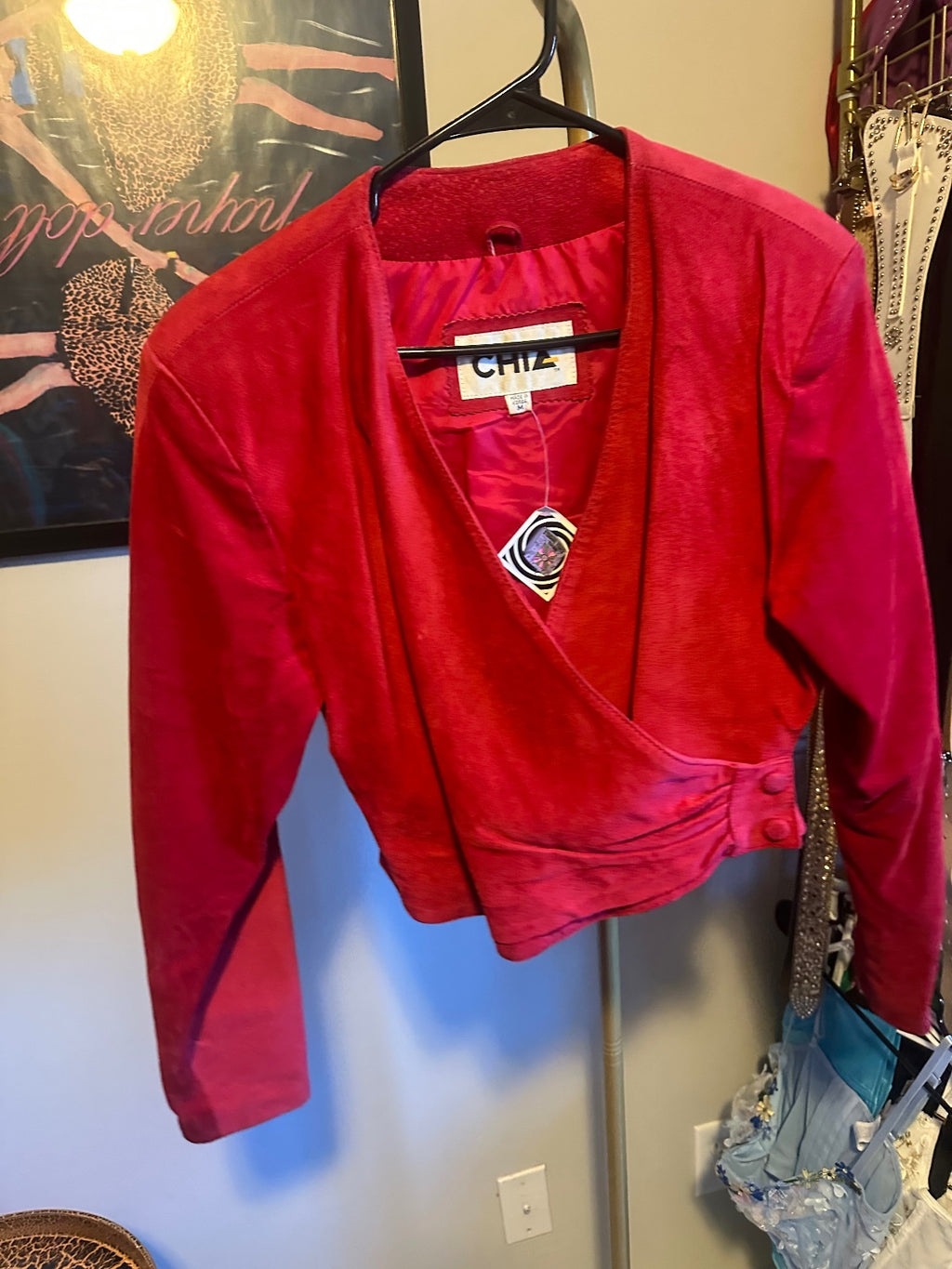 Chia Red Leather Two-Piece Cropped Jacket & Mini Skirt Set
