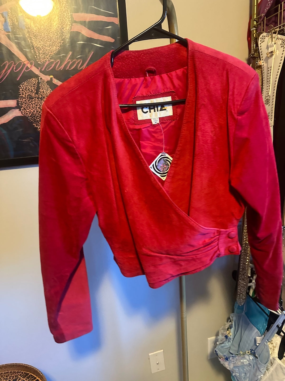 Chia Red Leather Two-Piece Cropped Jacket & Mini Skirt Set