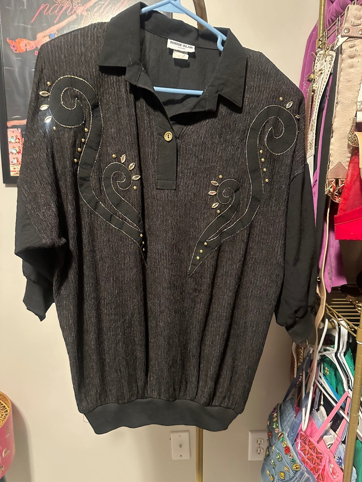 Vintage Charcoal Embellished Dolman Sleeve Top