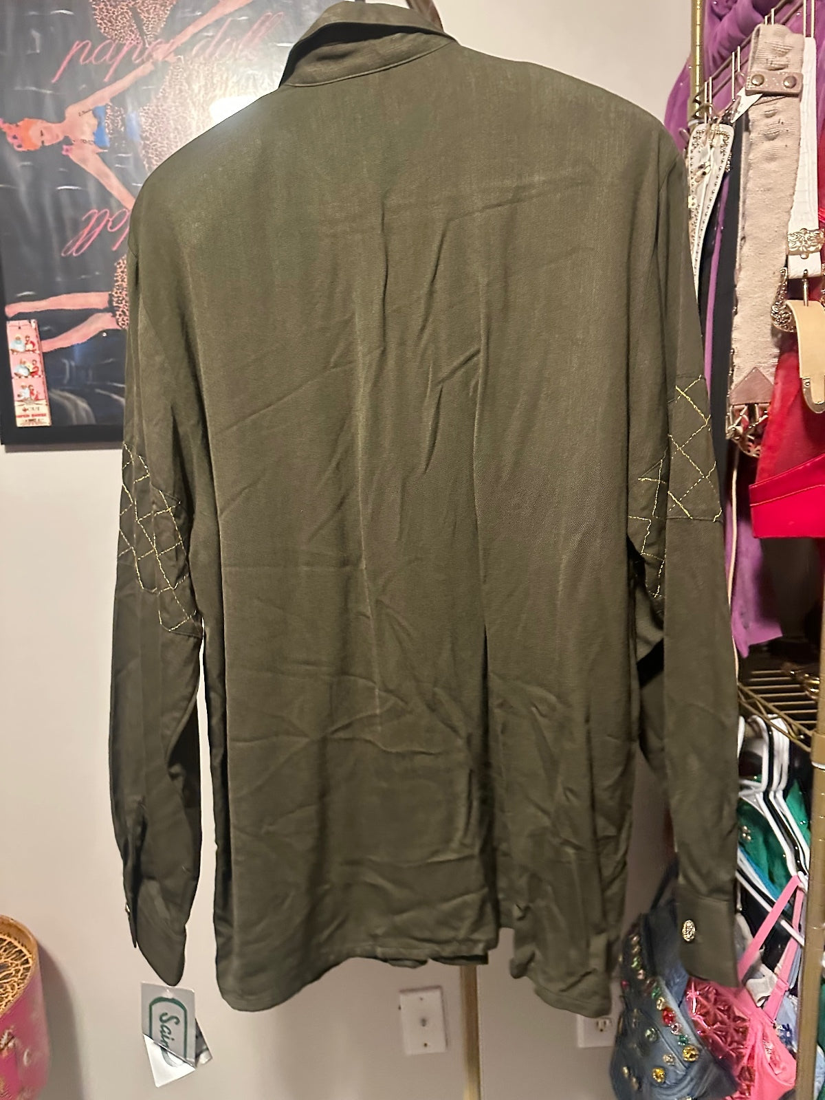 Saint Germain Vintage Olive Western Rhinestone Embellished Button-Front Shirt
