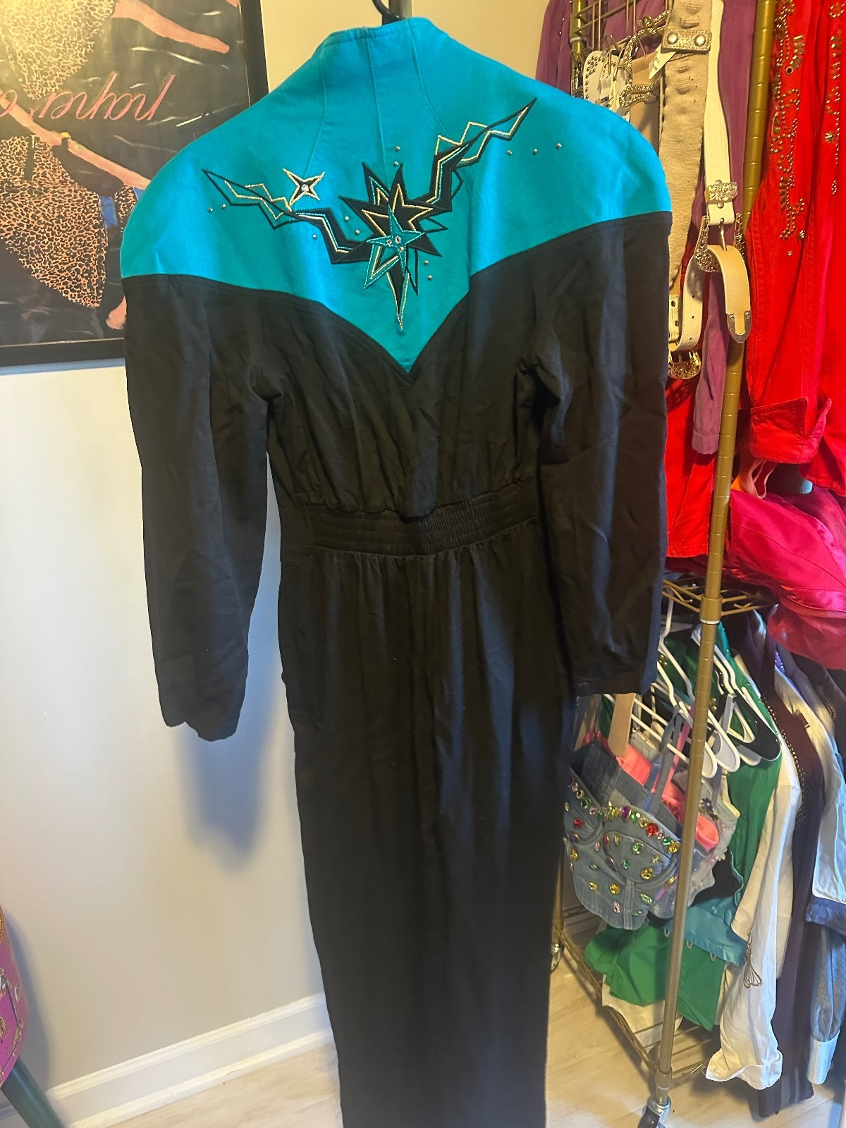 Vintage IIF Black & Turquoise Embellished Jumpsuit
