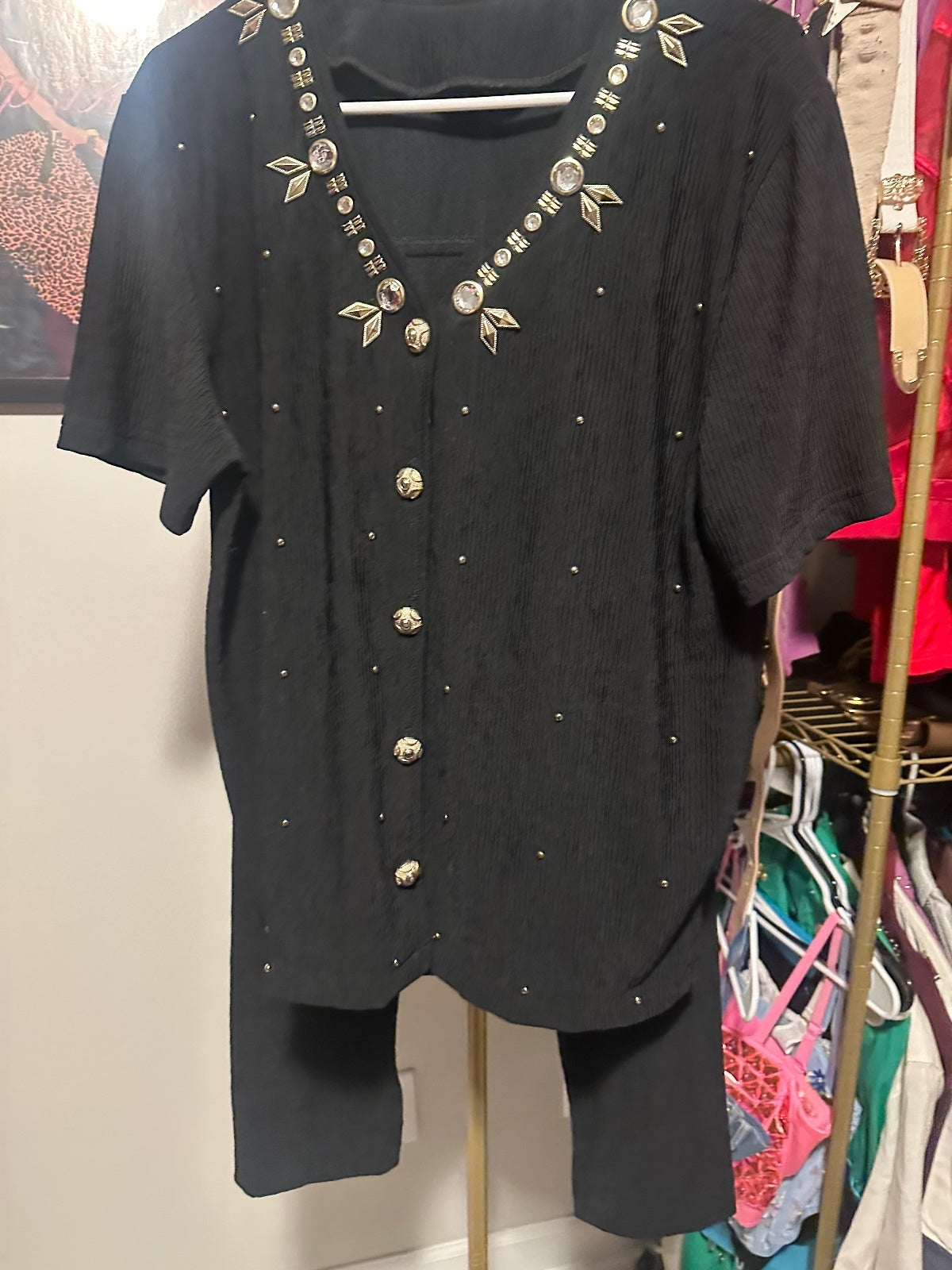 Vintage Black Gold Embellished Top & Pants Set