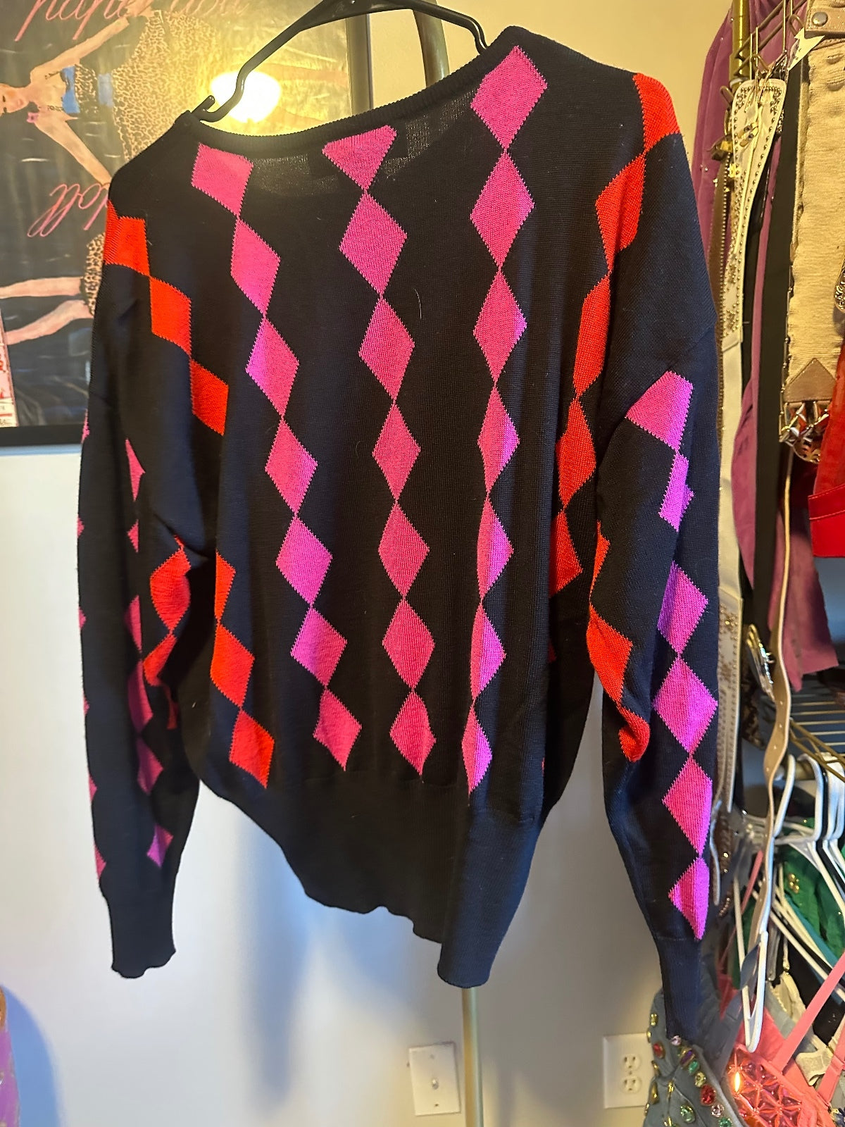 Vintage Escada Pink & Red Argyle Embellished Sweater 38