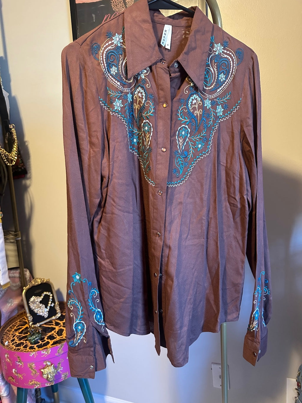 Vintage Brown Embellished Western Paisley Blouse