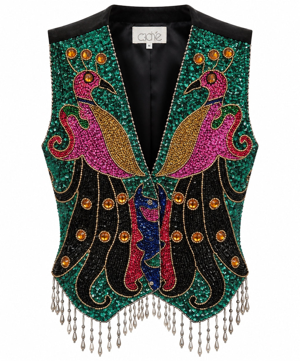 Vintage Cache Peacock Sequin & Beaded Fringe Vest