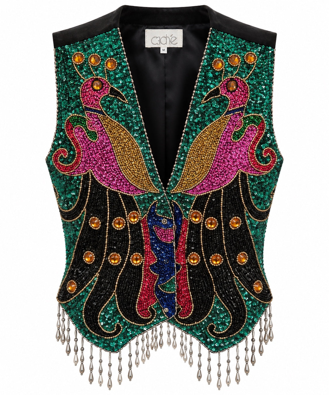 Vintage Cache Peacock Sequin & Beaded Fringe Vest