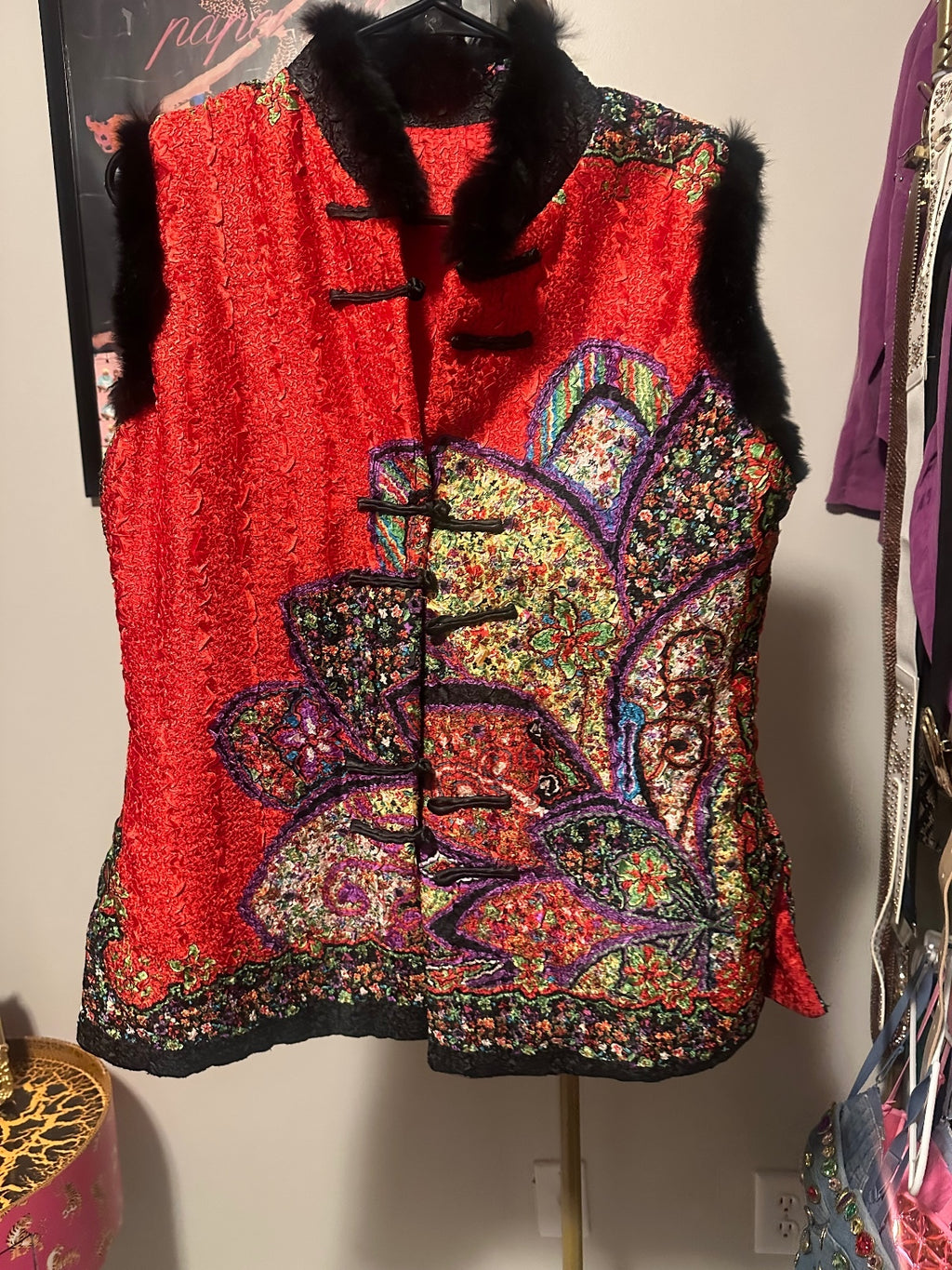 Vintage Red Patchwork Faux Fur Trim Vest