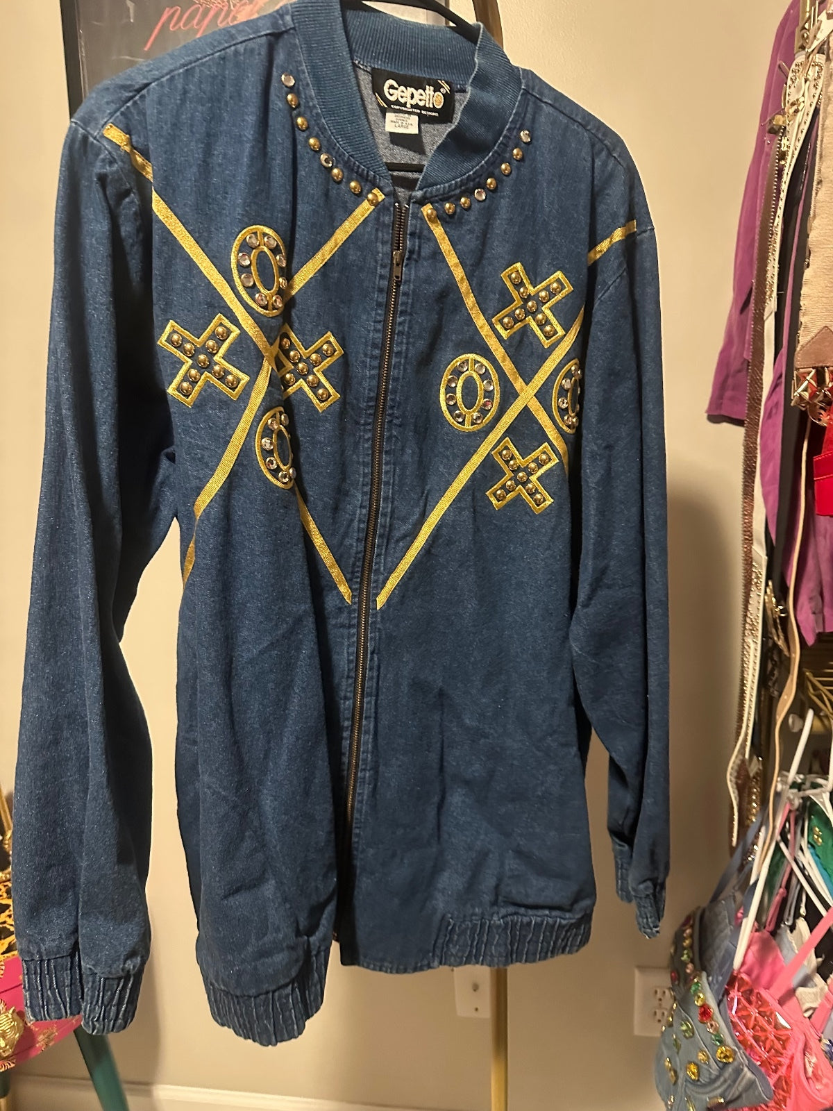 Vintage Denim Gold Embellished Bomber Jacket