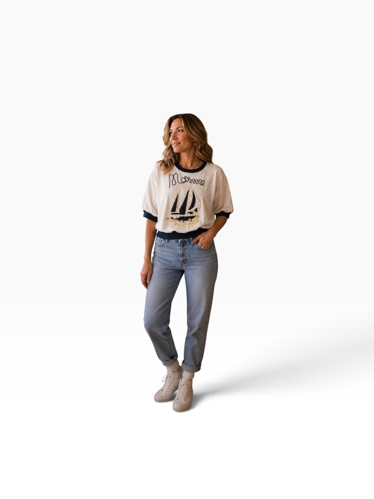 Adolfo Vintage Cream Nautical Sailboat Embellished Sweatshirt
