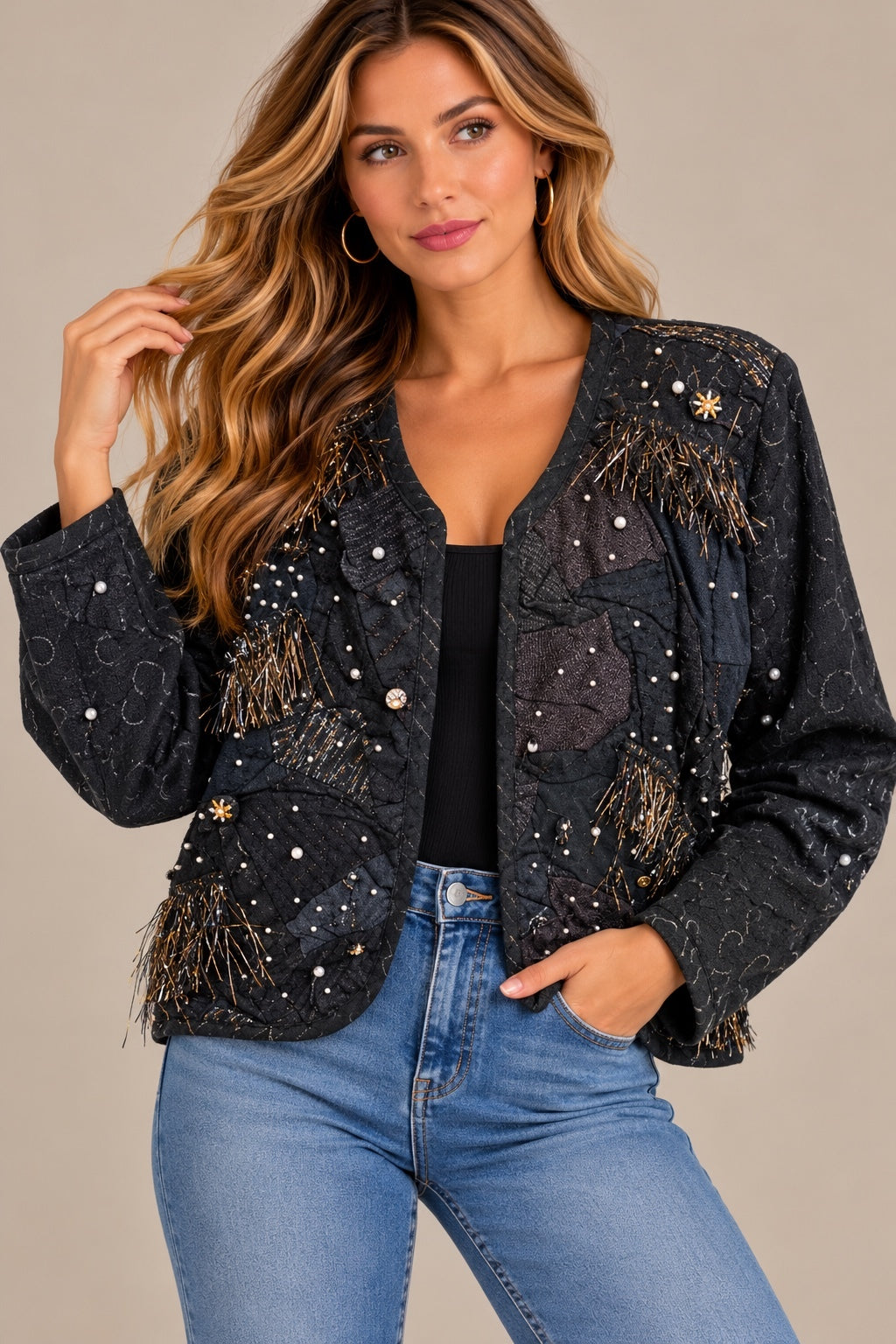Vintage Crystal Embellished Patchwork Jacket