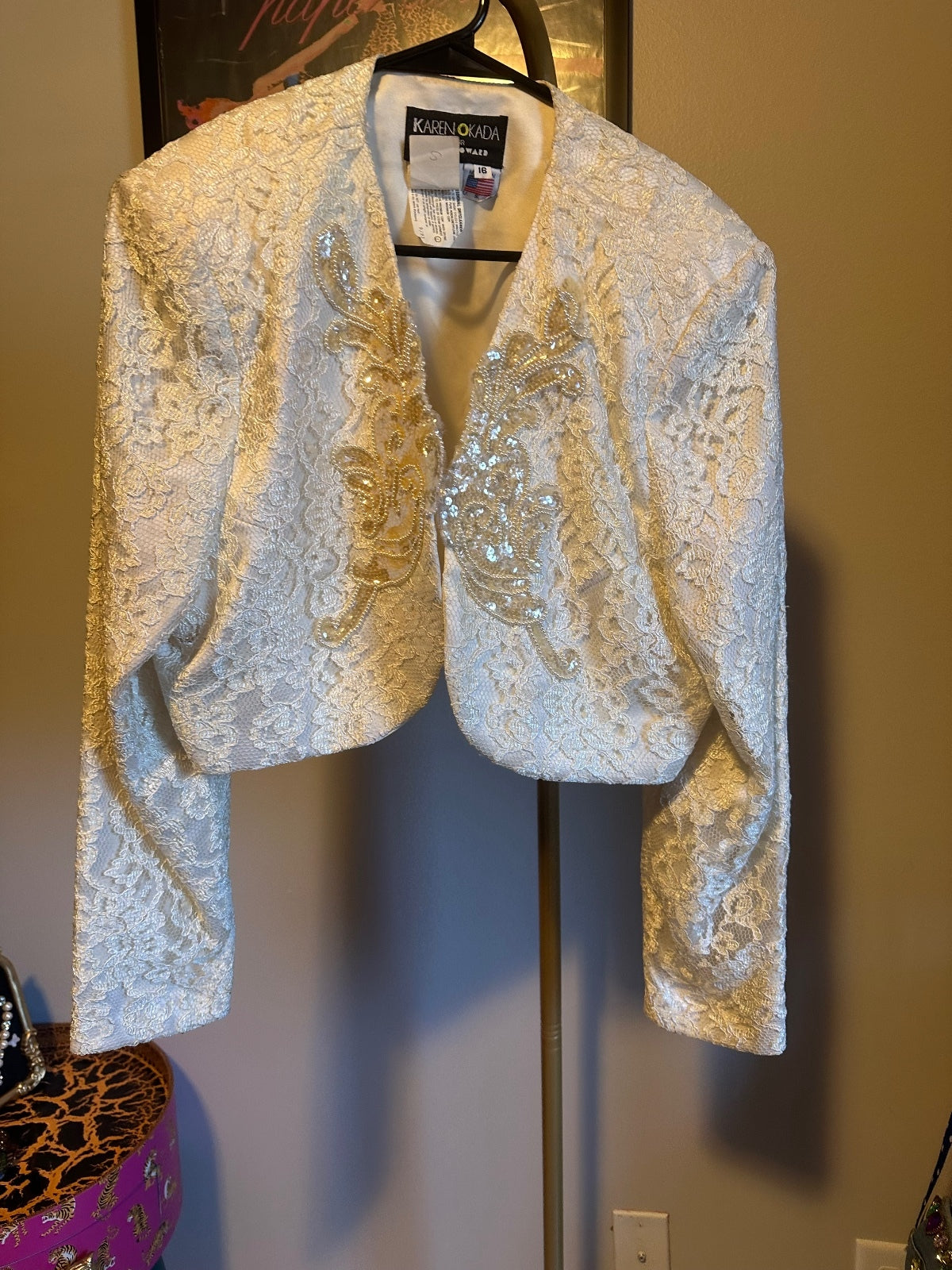 Vintage Karen Okada For David Howard Ivory Embellished Lace Bolero Jacket