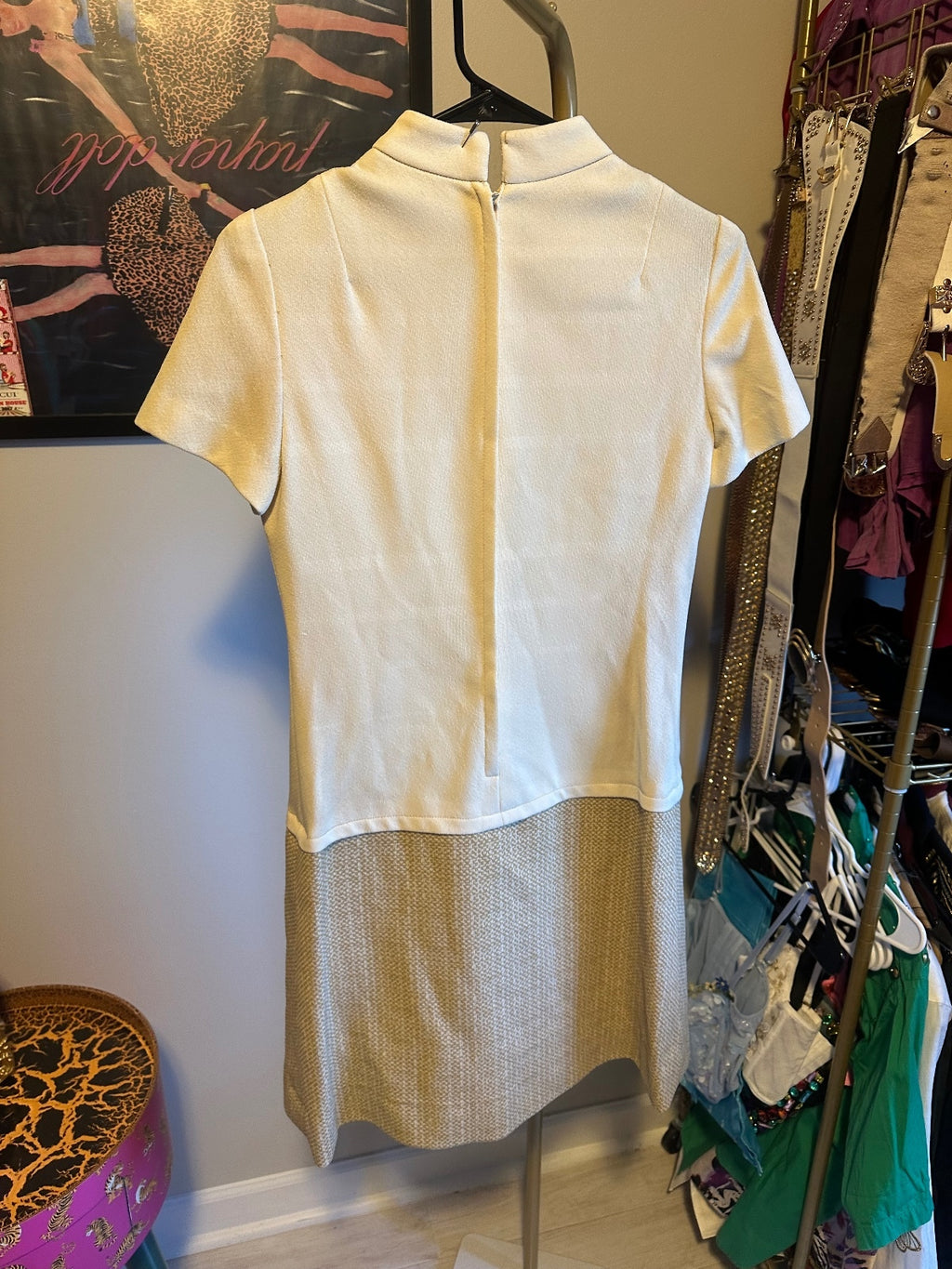 1960s Ivory & Tan Mod Shift Dress
