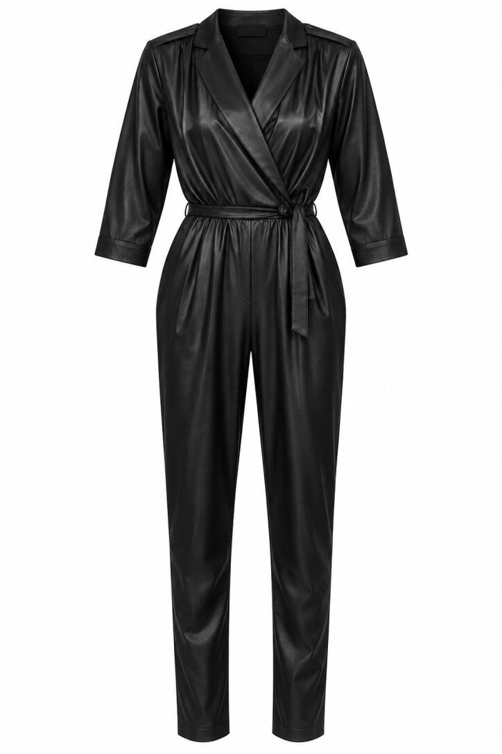 Black Faux Leather Wrap Jumpsuit