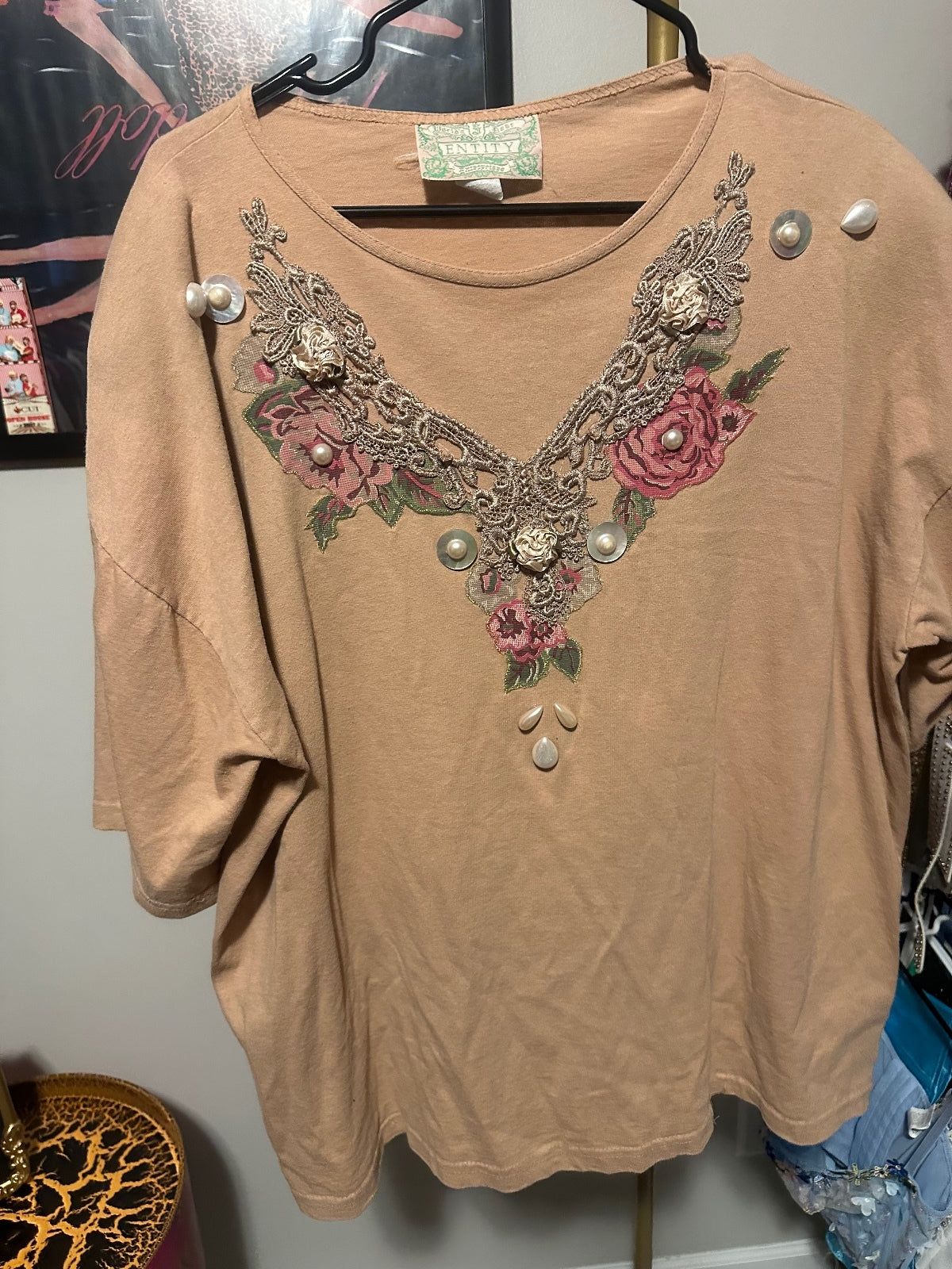 Tan Floral Embellished Top & Wide-Leg Pants Set