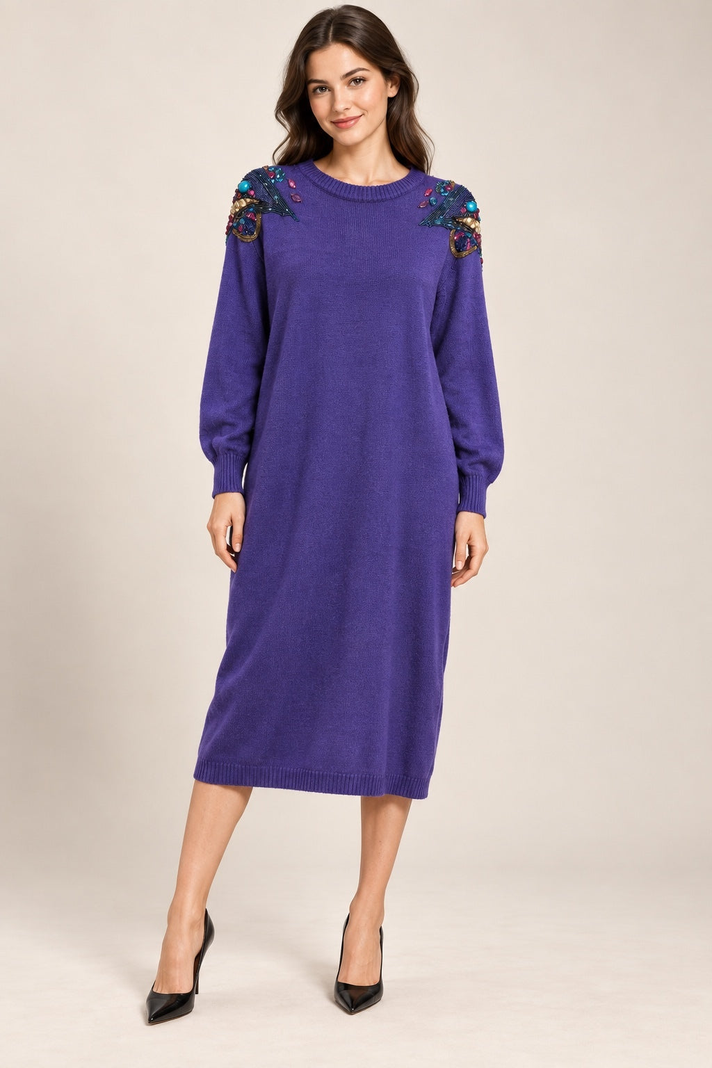 Vintage Purple Embellished Sweater Dress