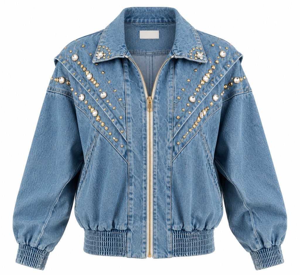 Vintage Embellished Denim Bomber Jacket