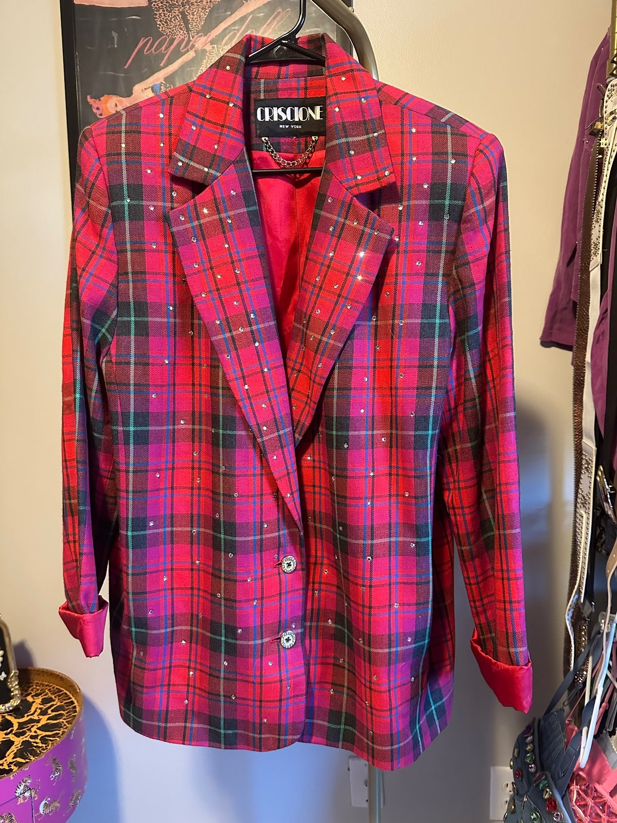 Criscione Red Tartan Plaid Rhinestone Statement Blazer