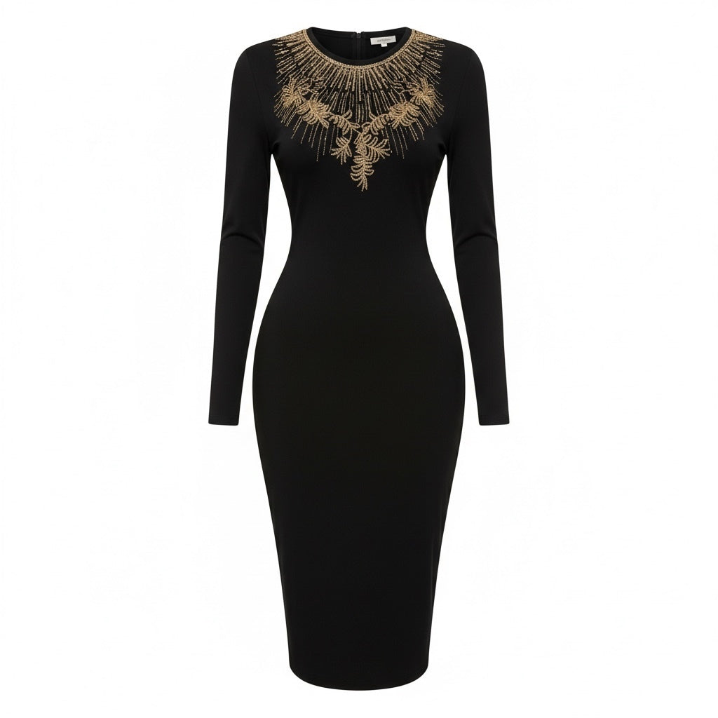 Black & Gold Embellished Sweater Midi Dress