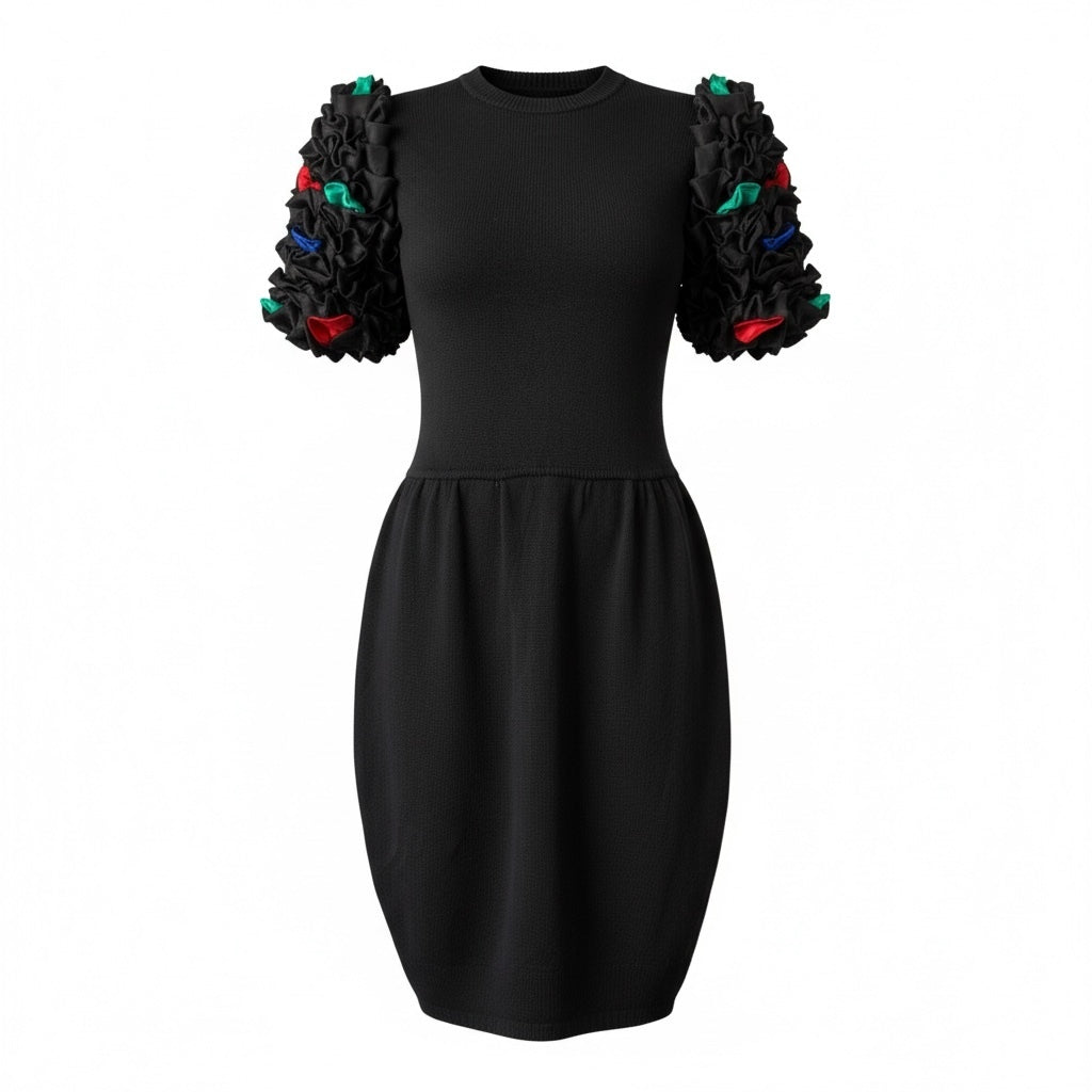 St. John Black Ruffle Sleeve Statement Dress