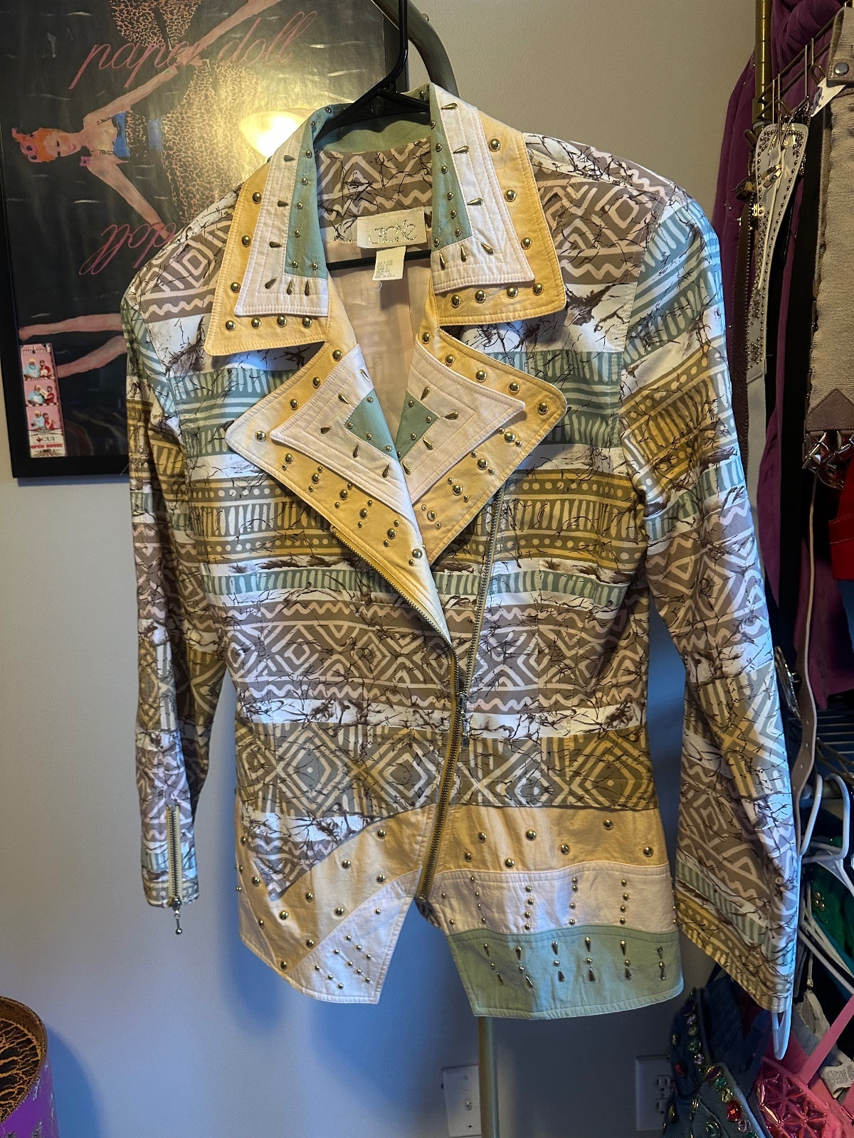 Cache Vintage Sage & Gold Embellished Moto Jacket