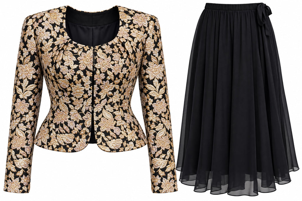 Patra Black & Gold Brocade Two-Piece Skirt Set