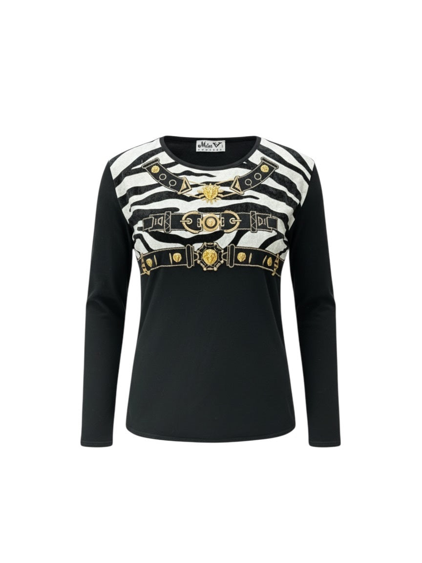Vintage Miss V Black Zebra & Gold Belt Print Top