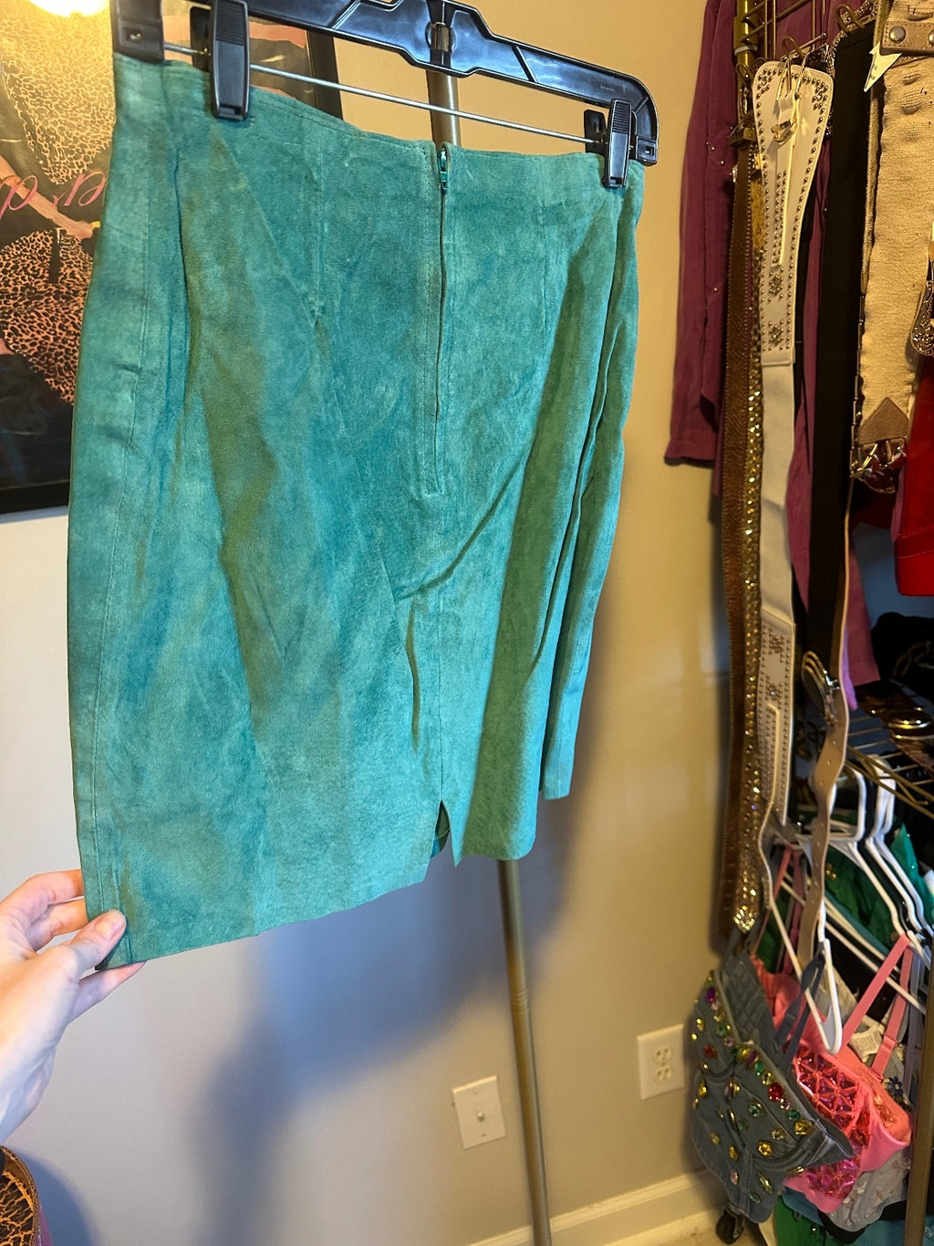 Vintage Cache Teal Suede Rhinestone-Embellished Jacket & Skirt Set
