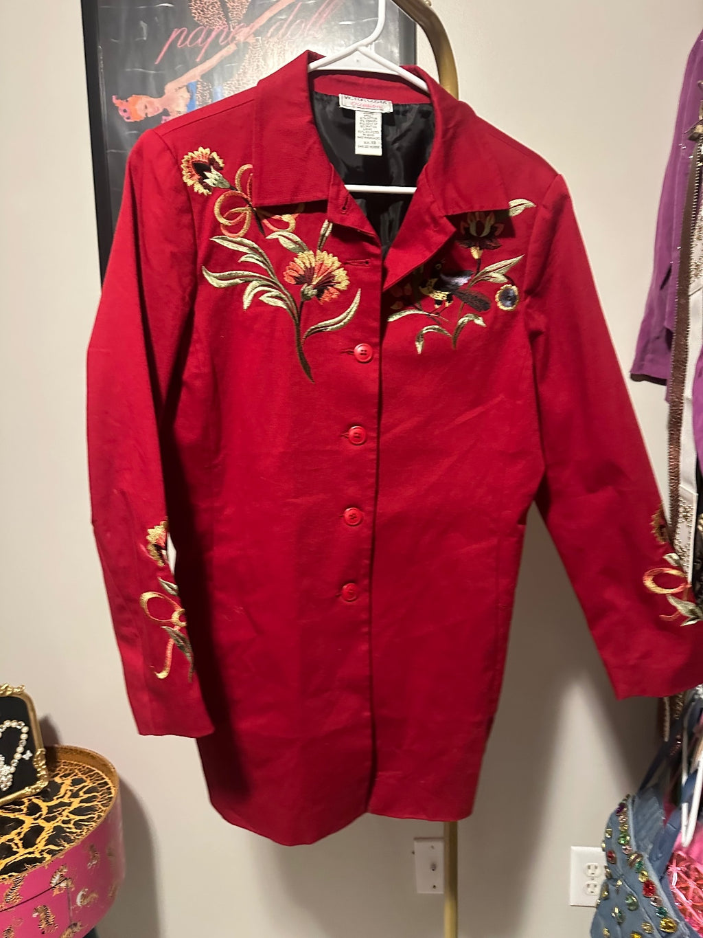 Victor Costa Red Embroidered Floral Statement Coat