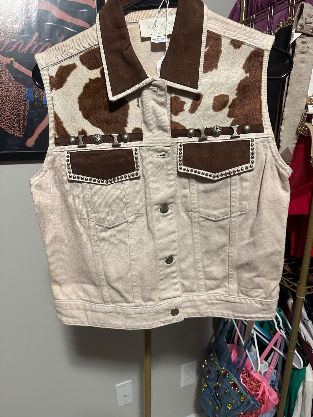 Vintage Cache Western-Inspired Cow Print Denim Vest
