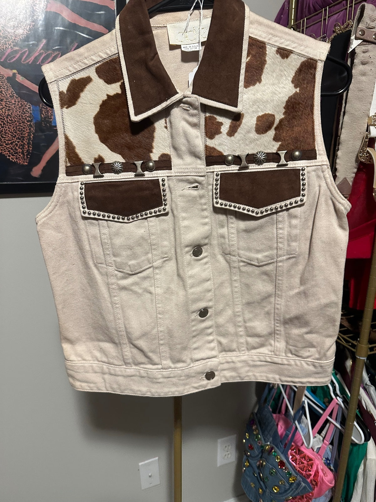 Vintage Cache Western-Inspired Cow Print Denim Vest
