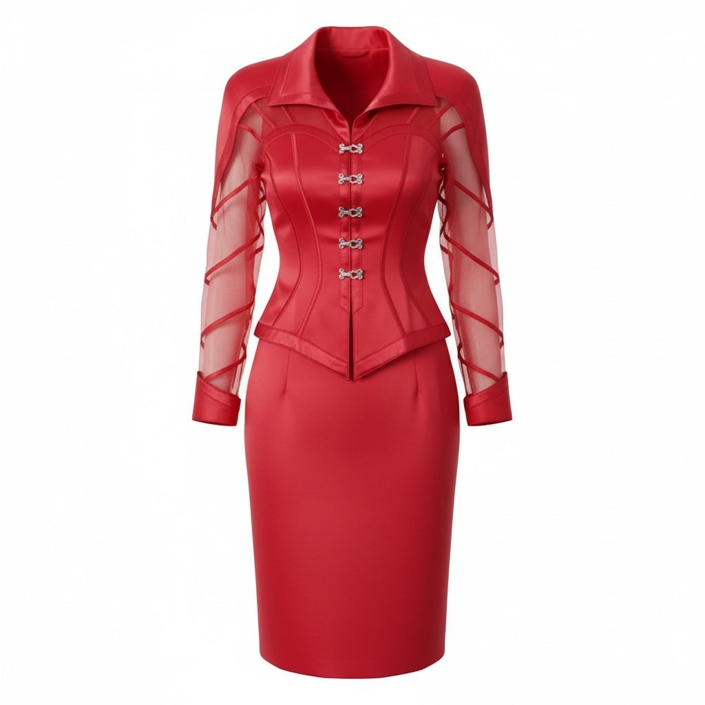 Vintage IIF Red Sheer Sleeve Corset Skirt Suit