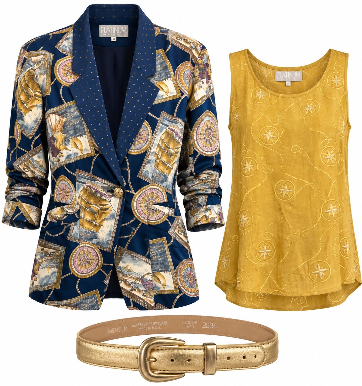 Vintage Platinum Nautical Print Blazer, Belt & Mustard Gold Tank Top
